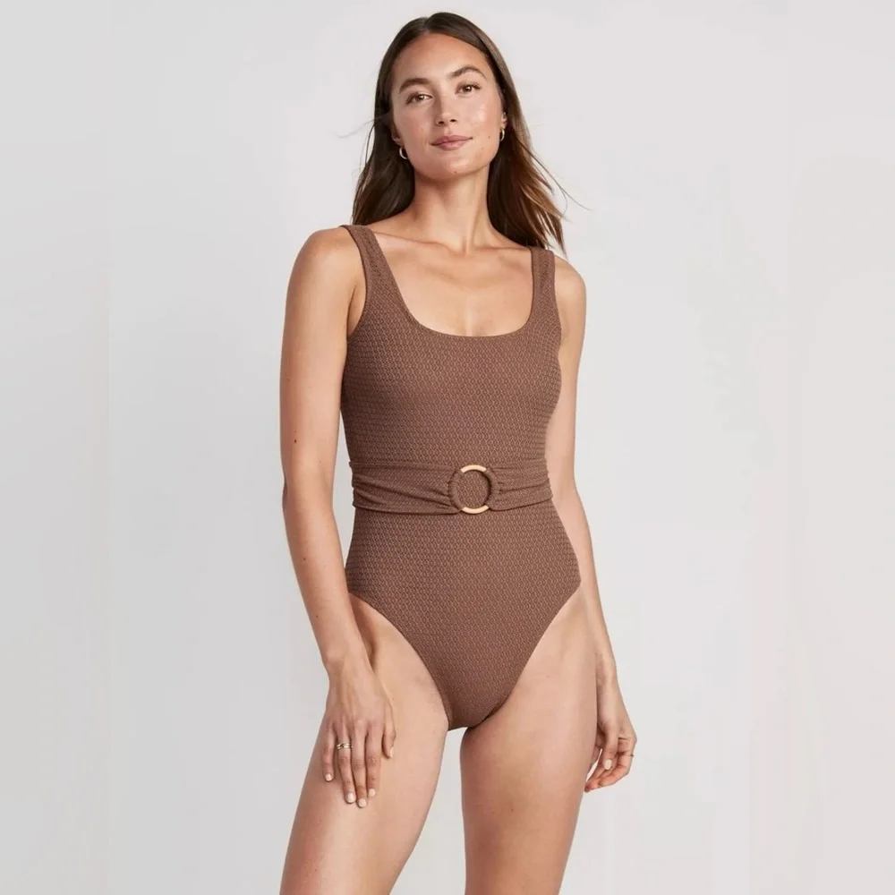 Old Navy Belted Crochet One Piece Swimsuit // Maplewood Brown
